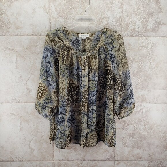 Button Front Floral Leopard Sheer Tiered 3/ 4 Sleeve Tunic Liz Claiborne Size M - Picture 1 of 7